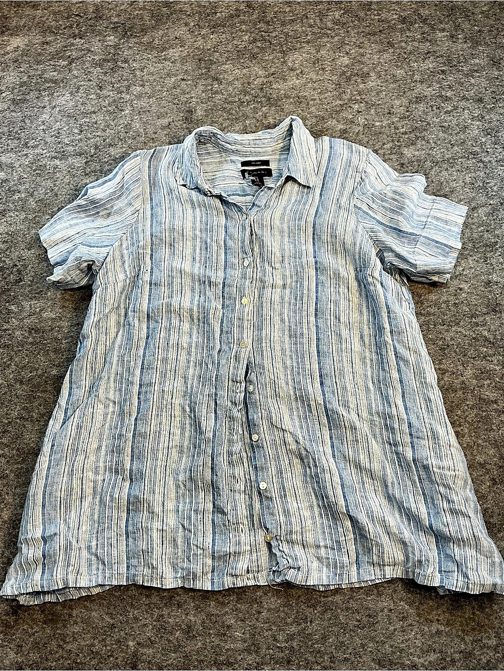 Tahari Linen Striped Button Down in Blue & White Medium Size 1X